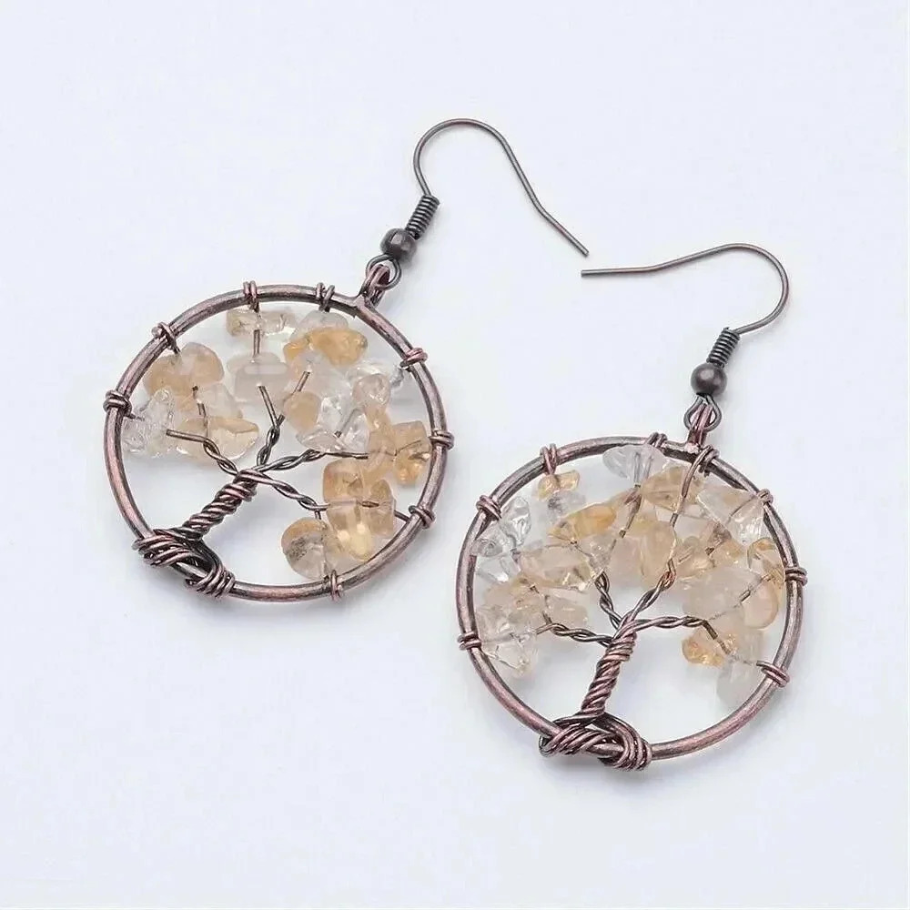 Rustic Antique Copper Citrine Tree of Life Gemstone Beads Dangle Earrings